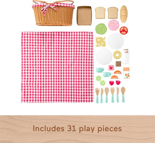 Wooden Pretend Play Picnic Basket with 31 Piece Food Set for Kids