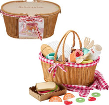 Wooden Pretend Play Picnic Basket with 31 Piece Food Set for Kids