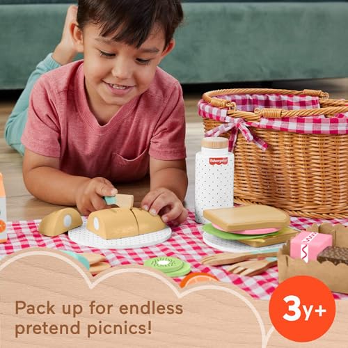 Wooden Pretend Play Picnic Basket with 31 Piece Food Set for Kids