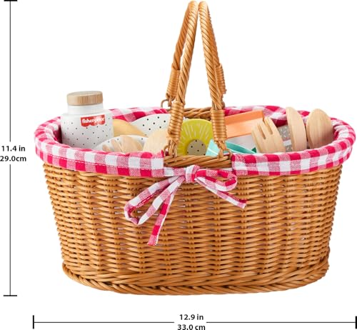 Wooden Pretend Play Picnic Basket with 31 Piece Food Set for Kids