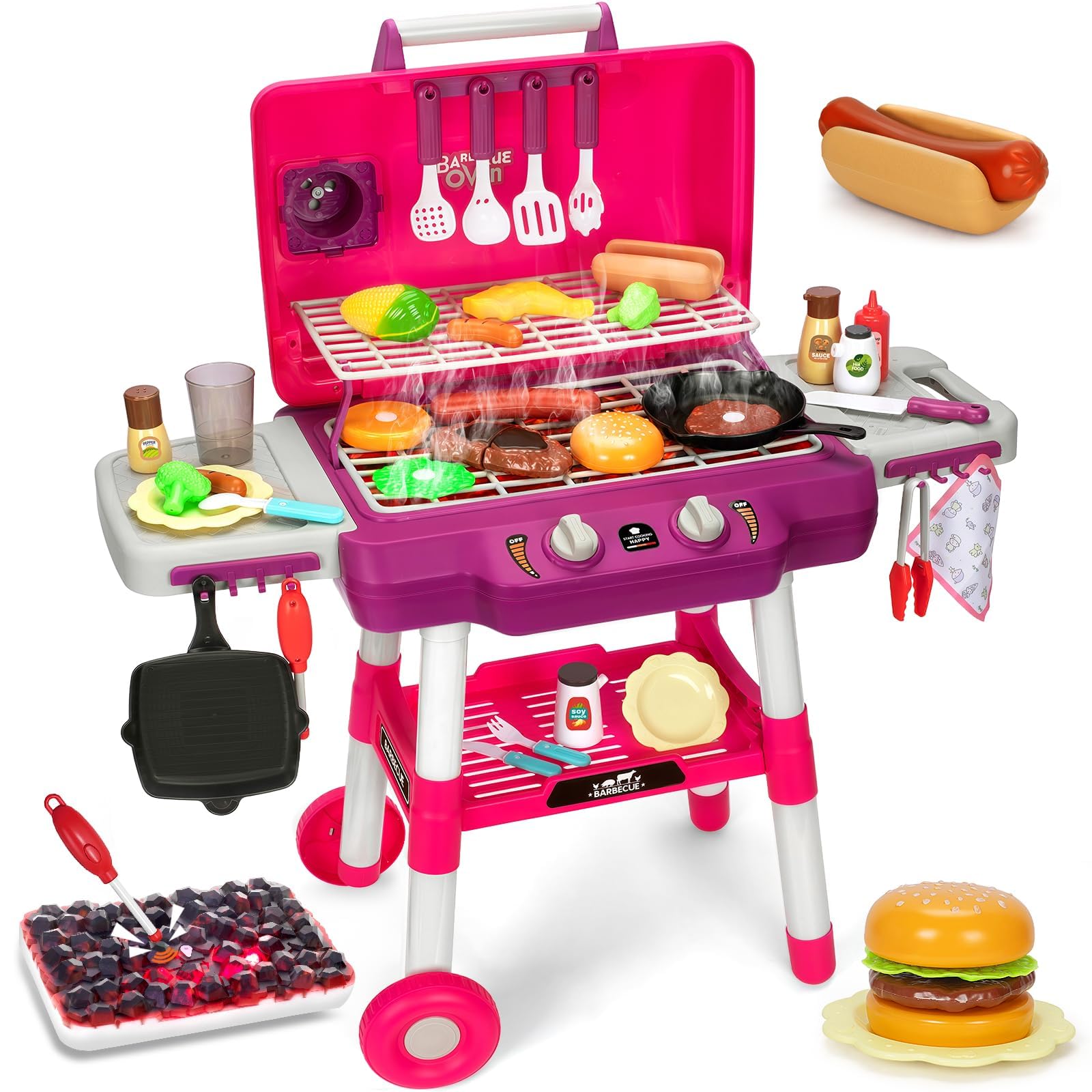 Kids BBQ Grill Playset with Smoke Sound and Light Pretend Cooking Set