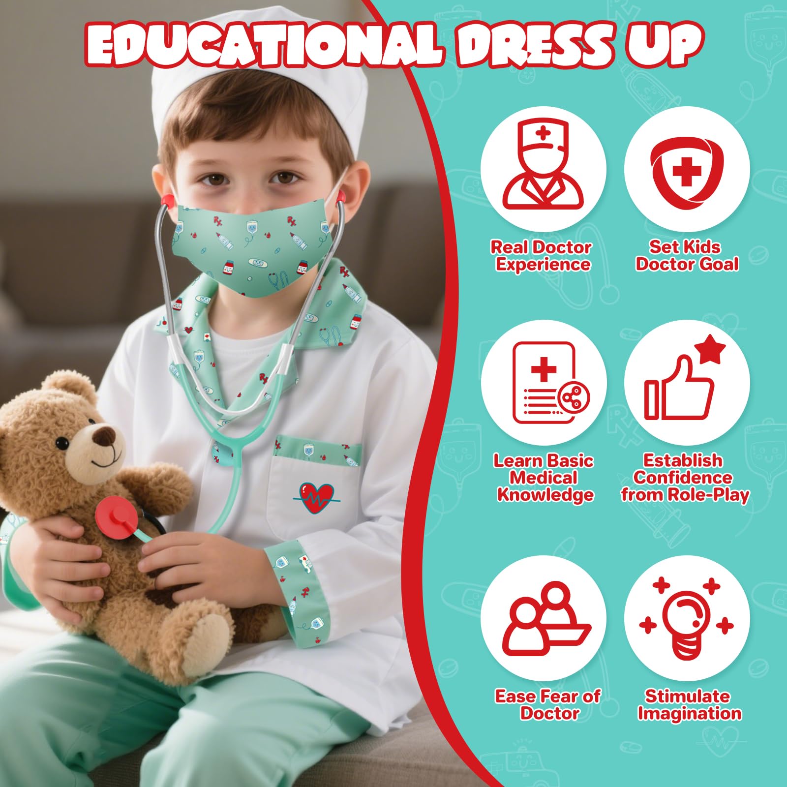 Kids Doctor Costume 8 Piece Dress Up Play Set with Stethoscope