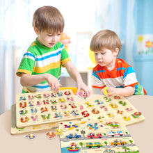 6 Pack Wooden Peg Puzzles for Alphabet Number Animal and Shape Learning