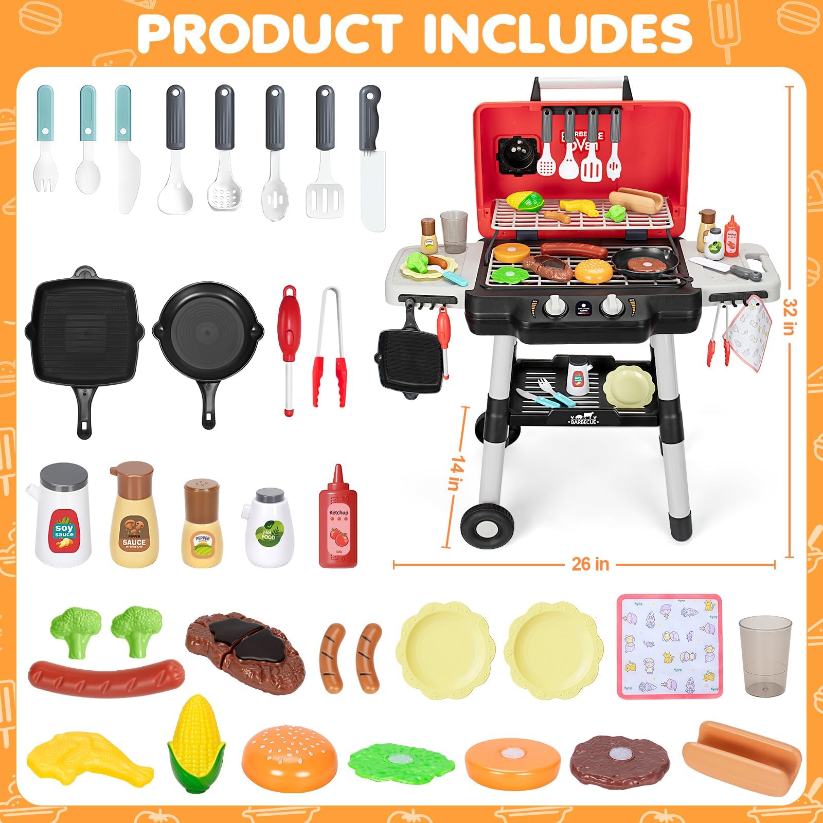 Kids BBQ Grill Playset with Smoke Sound and Light Pretend Cooking Set