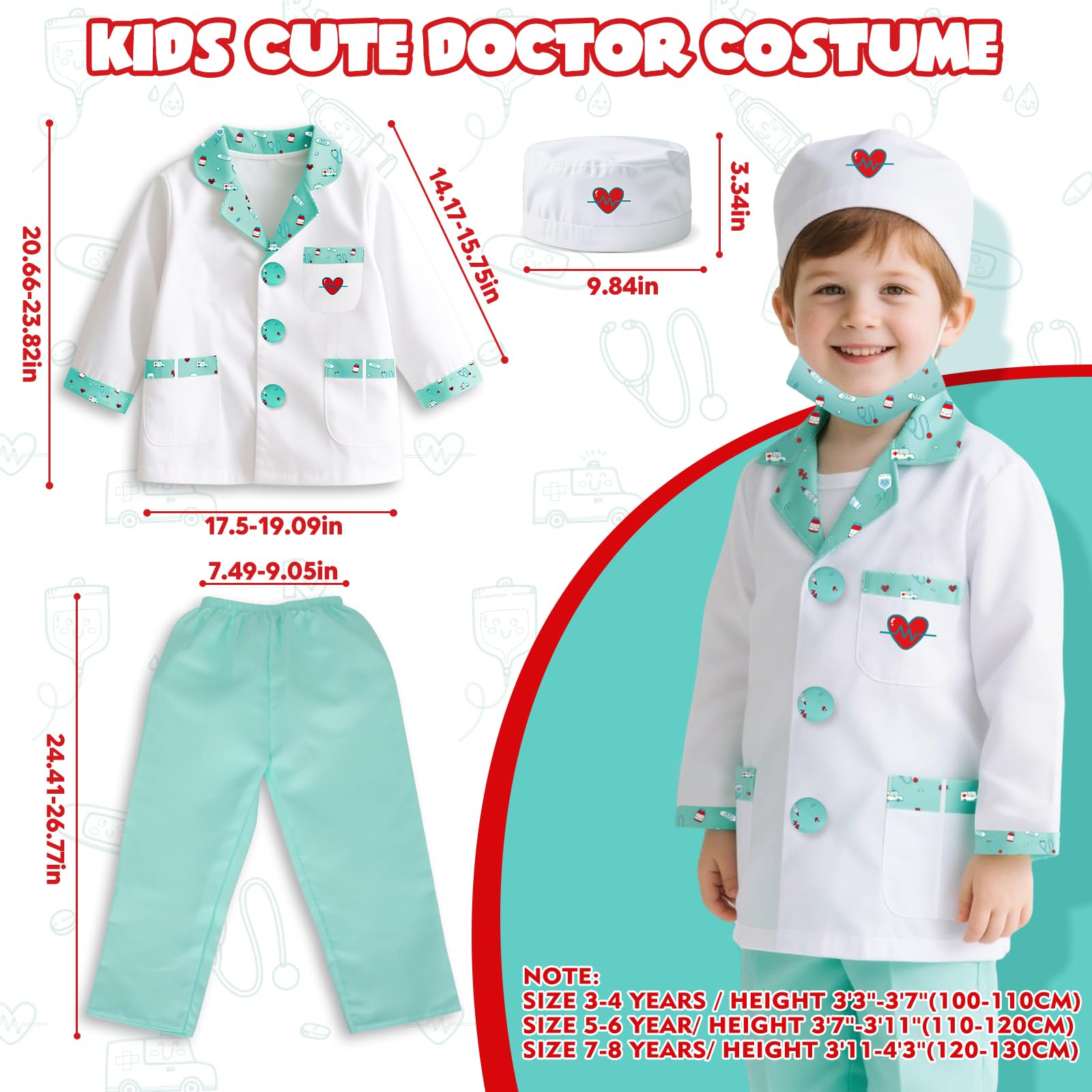 Kids Doctor Costume 8 Piece Dress Up Play Set with Stethoscope