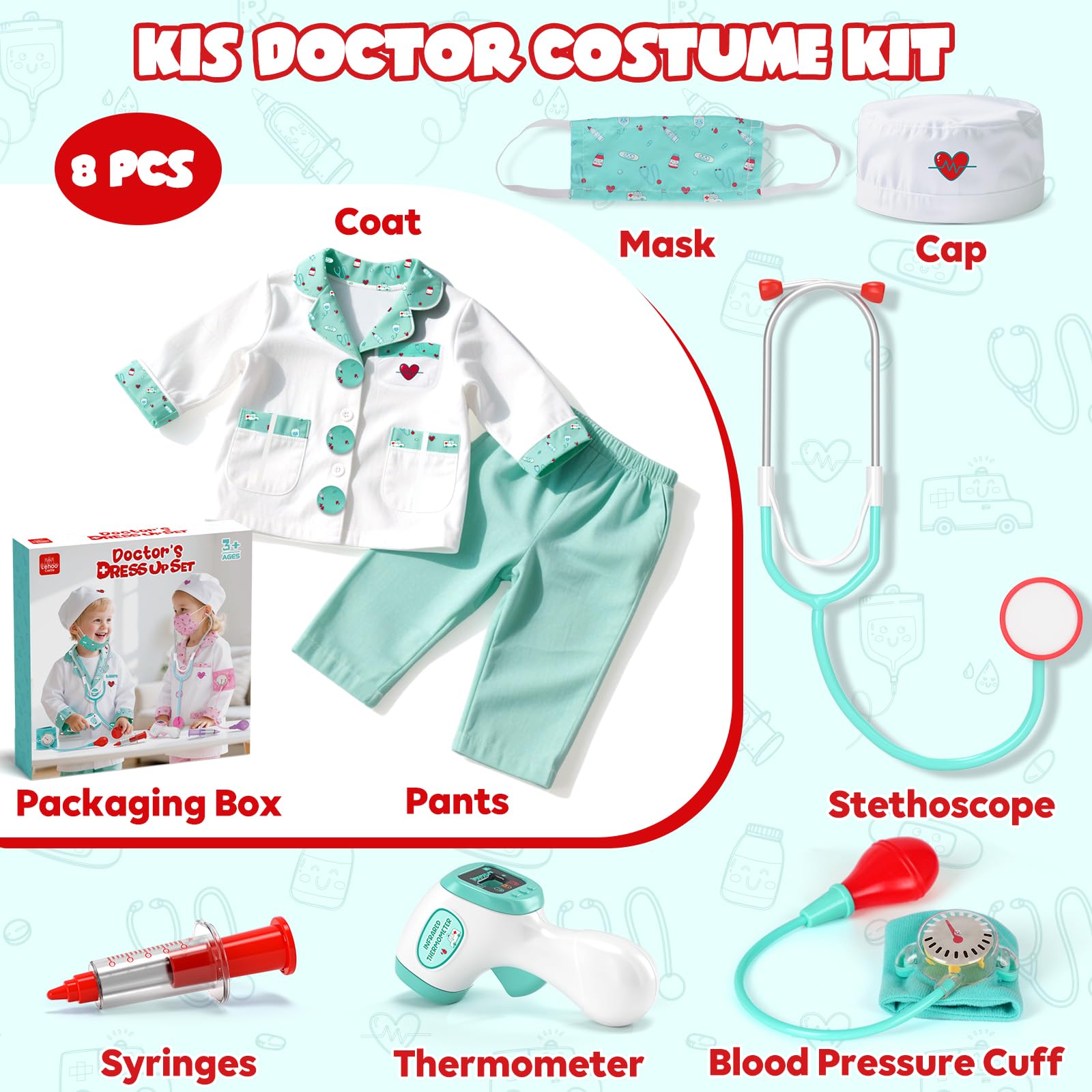 Kids Doctor Costume 8 Piece Dress Up Play Set with Stethoscope