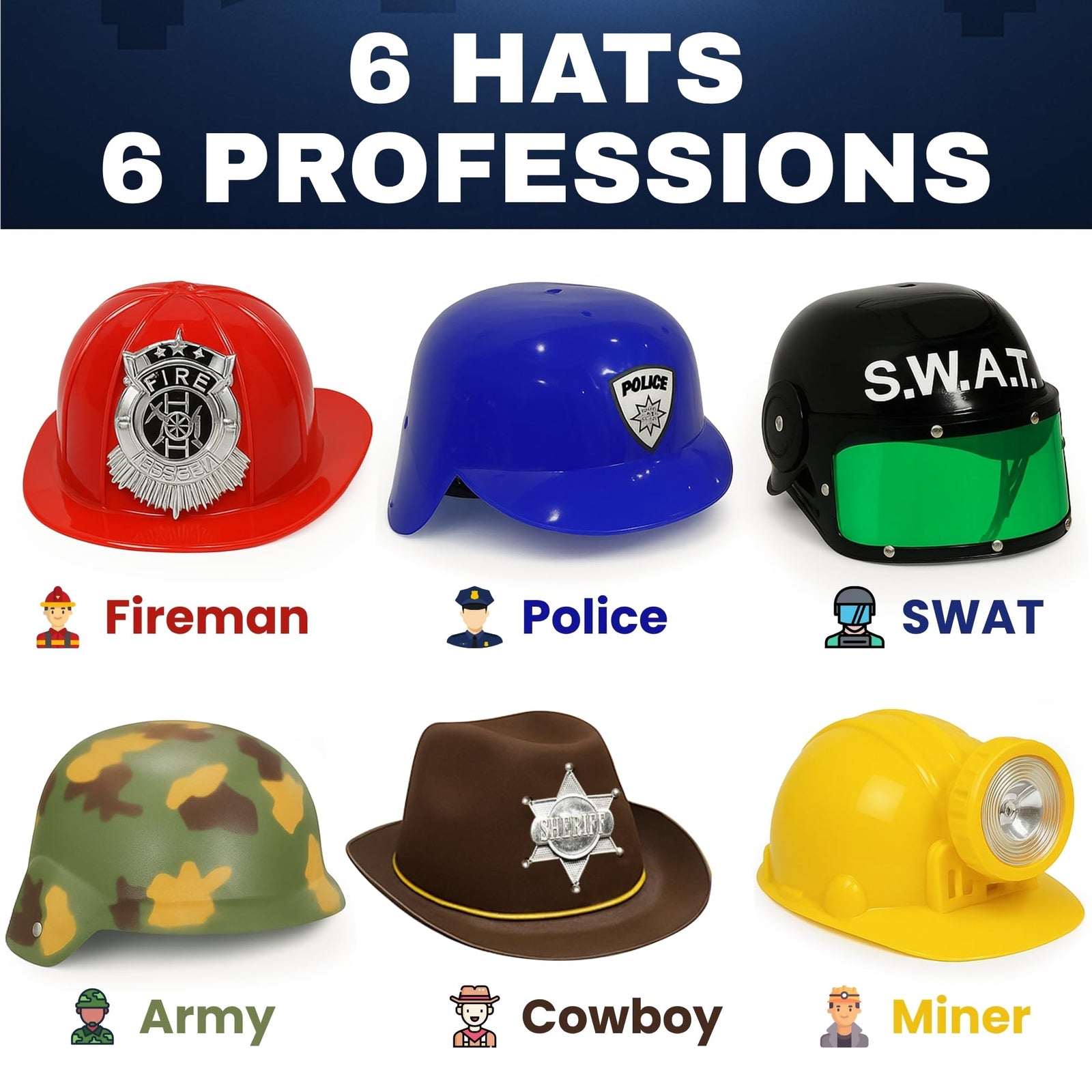 Kids Career Role Play Hats and Helmets 6 Pack Dress Up Set