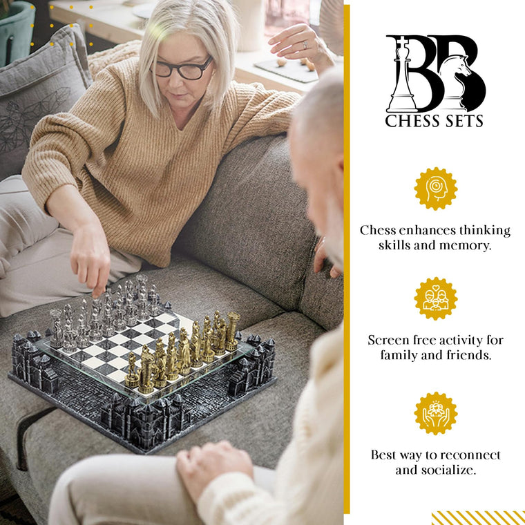 Renaissance Knight 3D Chess Set with Gold Silver Pieces and Glass Board
