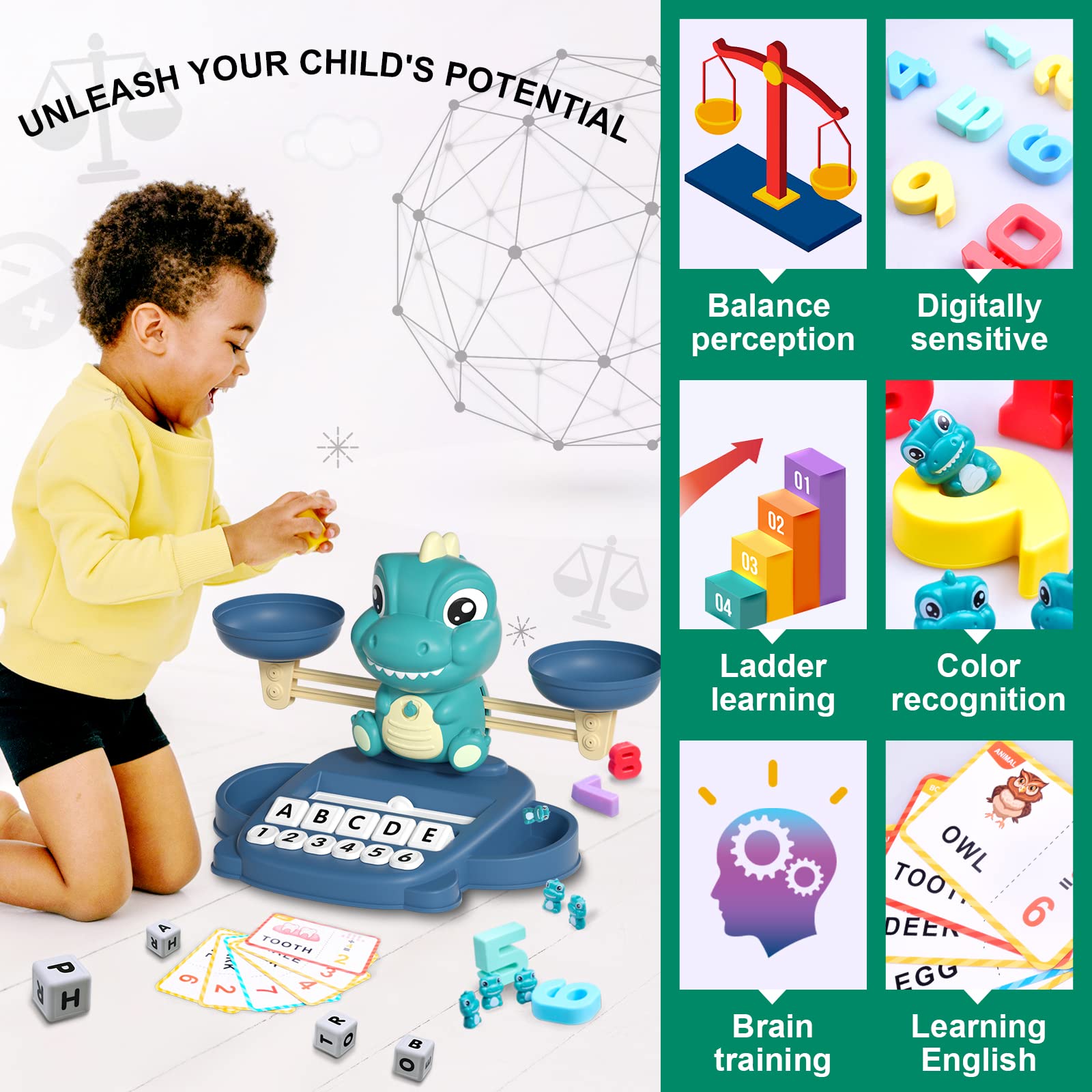 Dinosaur Math Balance and Letter Matching Toy for Early Learning