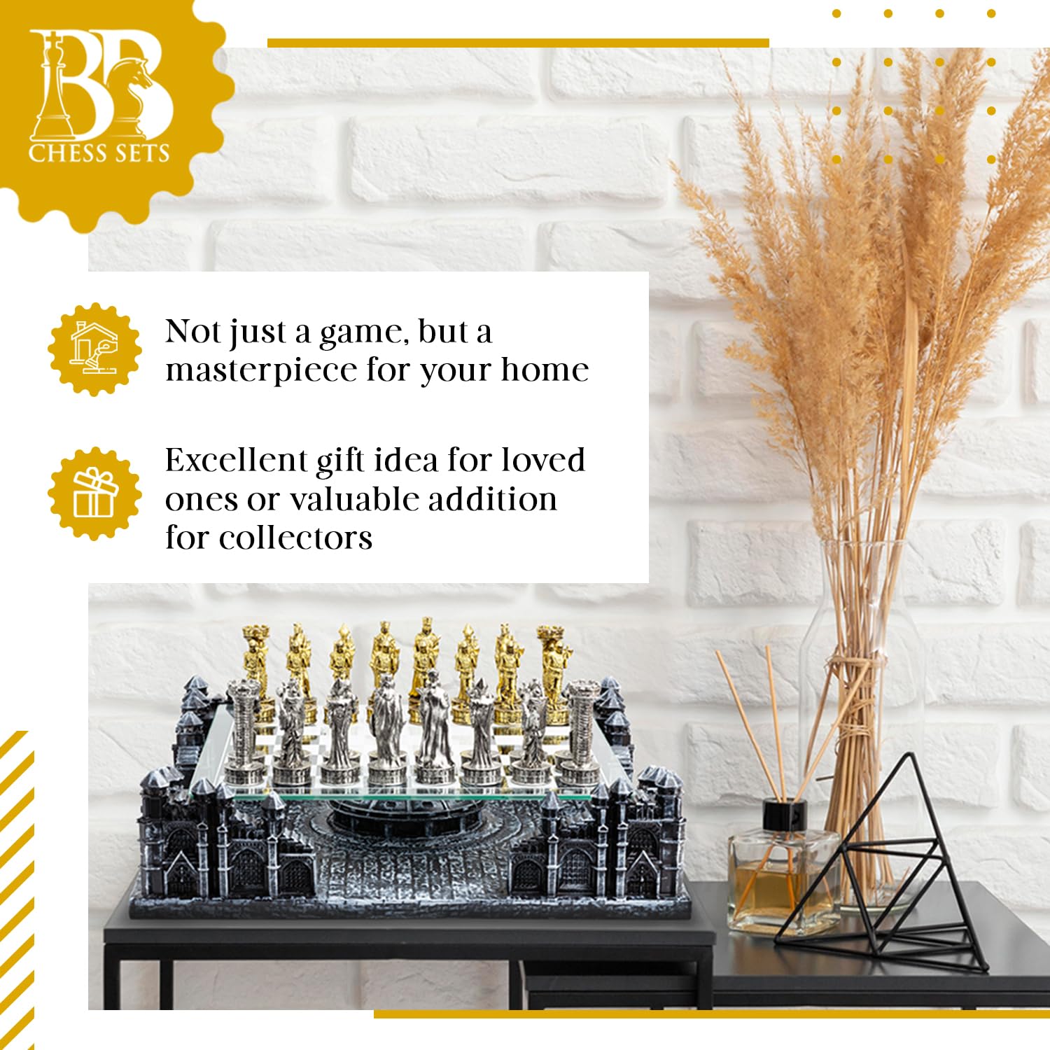 Renaissance Knight 3D Chess Set with Gold Silver Pieces and Glass Board