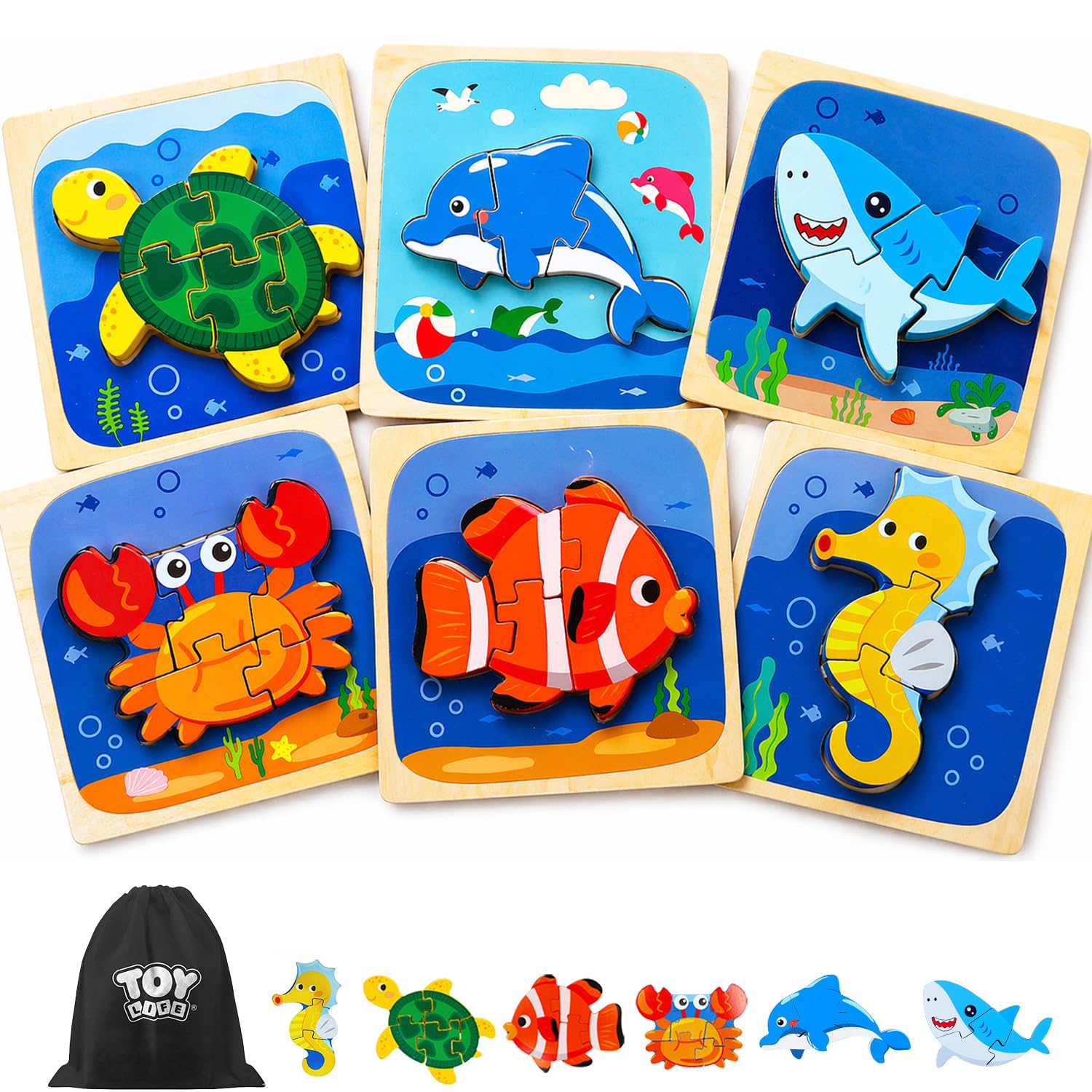 Wooden Sea Animal Puzzles for Toddlers Montessori Learning Toy