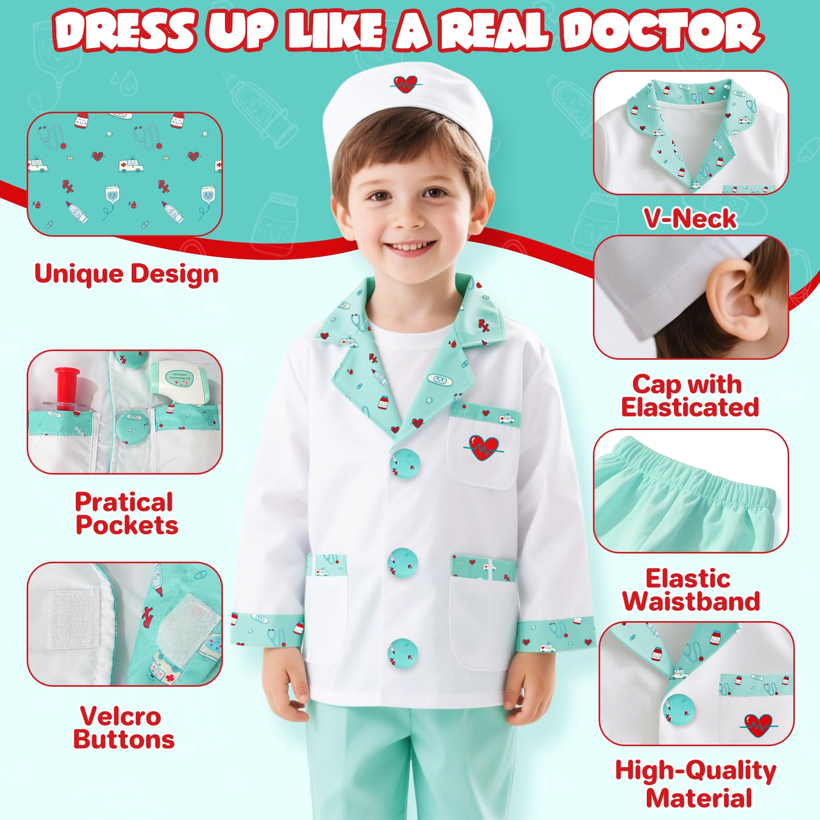 Kids Doctor Costume 8 Piece Dress Up Play Set with Stethoscope