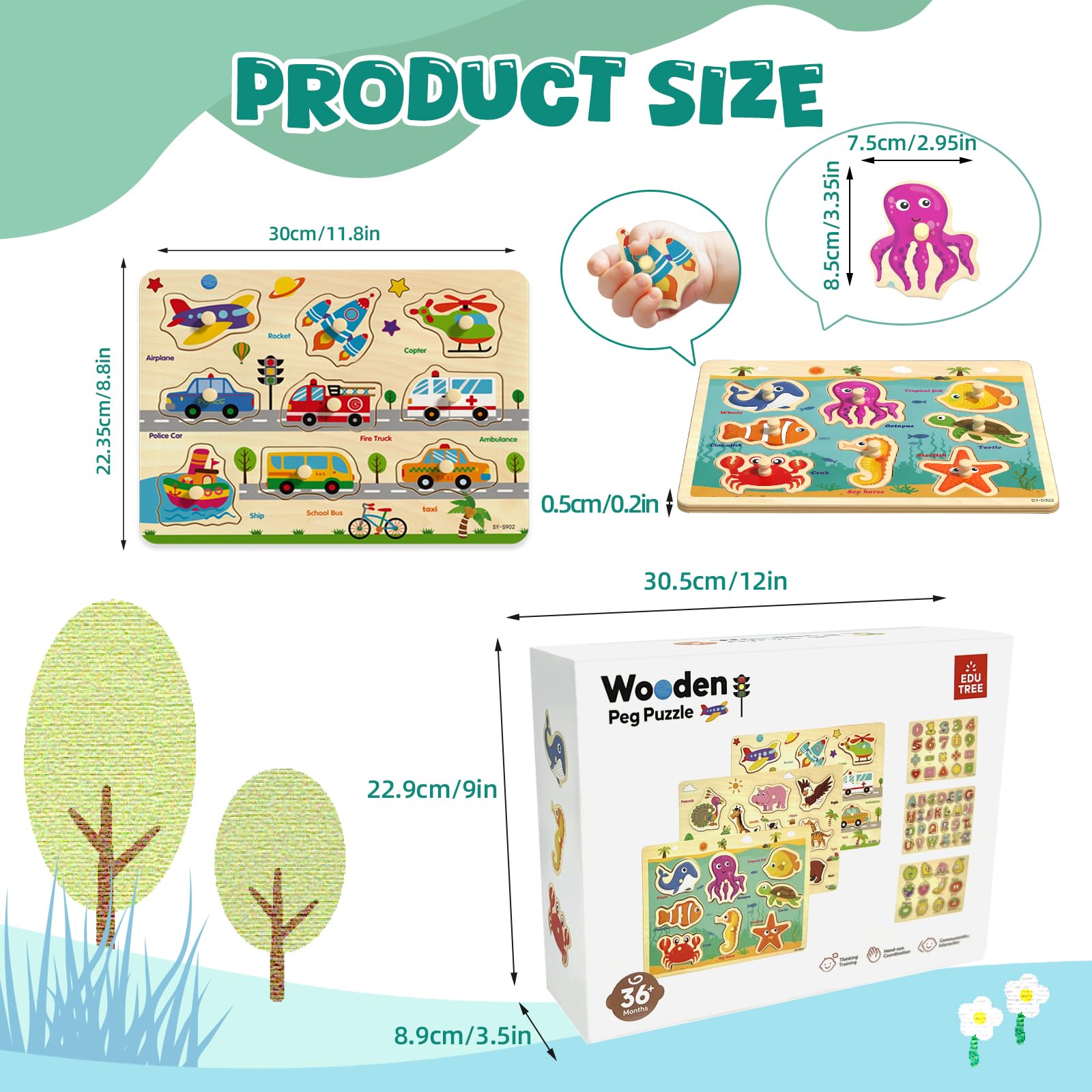6 Pack Wooden Peg Puzzles for Alphabet Number Animal and Shape Learning