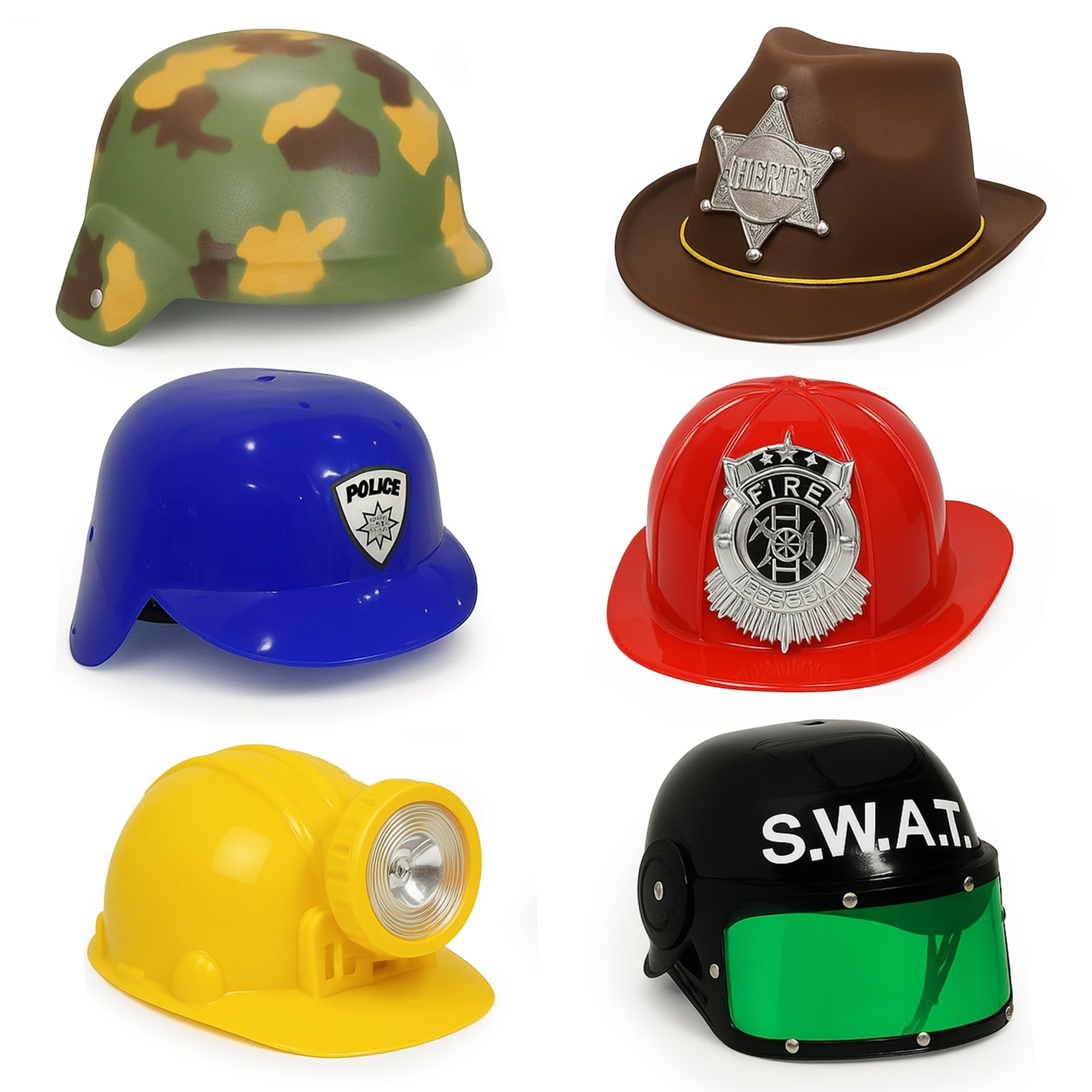 Kids Career Role Play Hats and Helmets 6 Pack Dress Up Set