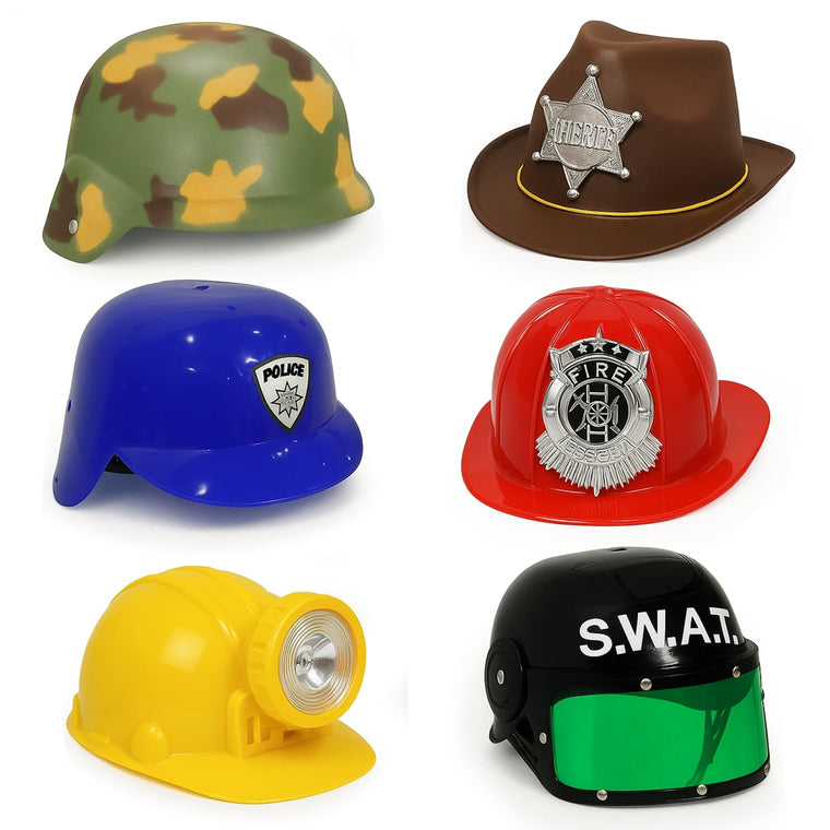 Kids Career Role Play Hats and Helmets 6 Pack Dress Up Set