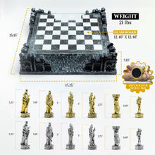 Renaissance Knight 3D Chess Set with Gold Silver Pieces and Glass Board