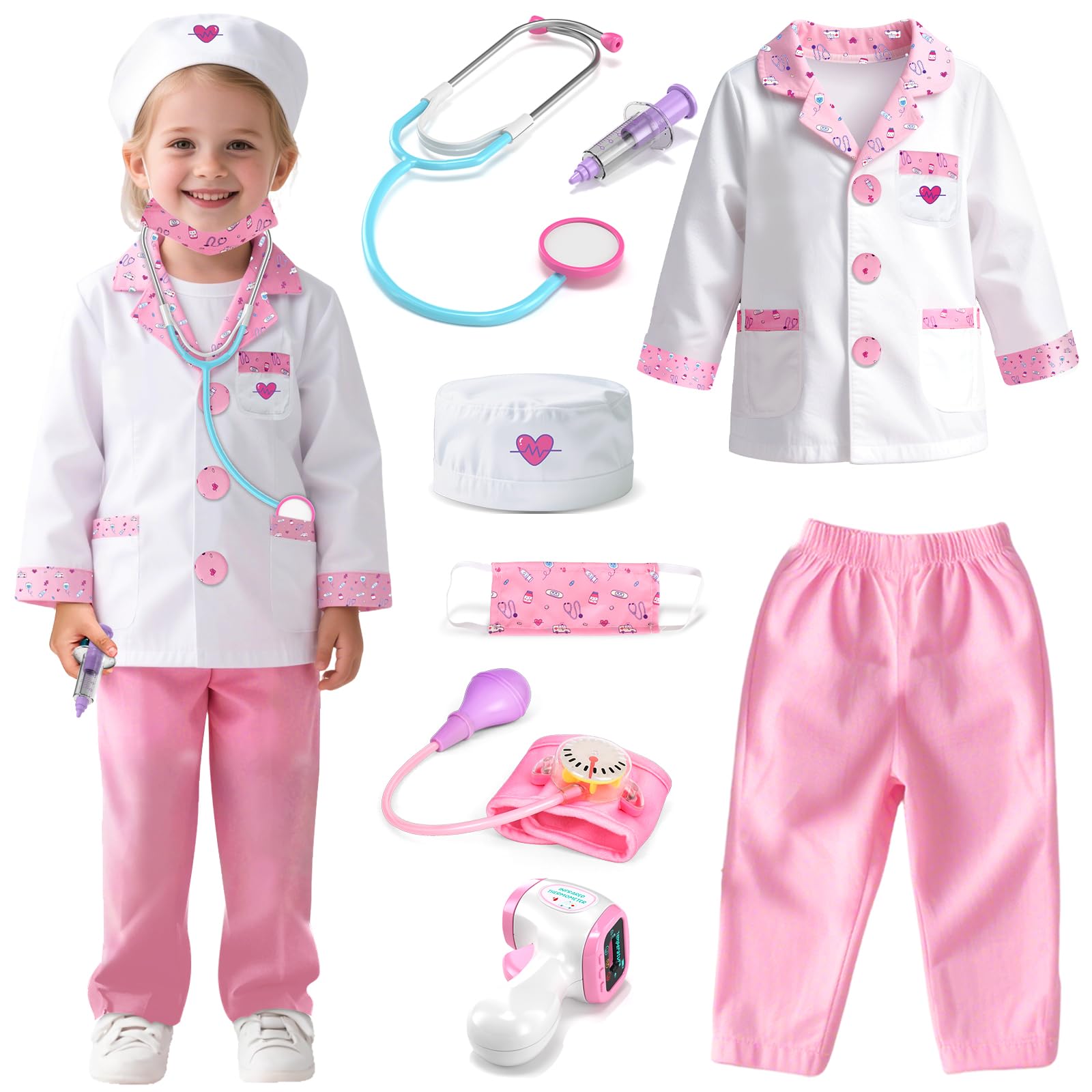 Kids Doctor Costume 8 Piece Dress Up Play Set with Stethoscope