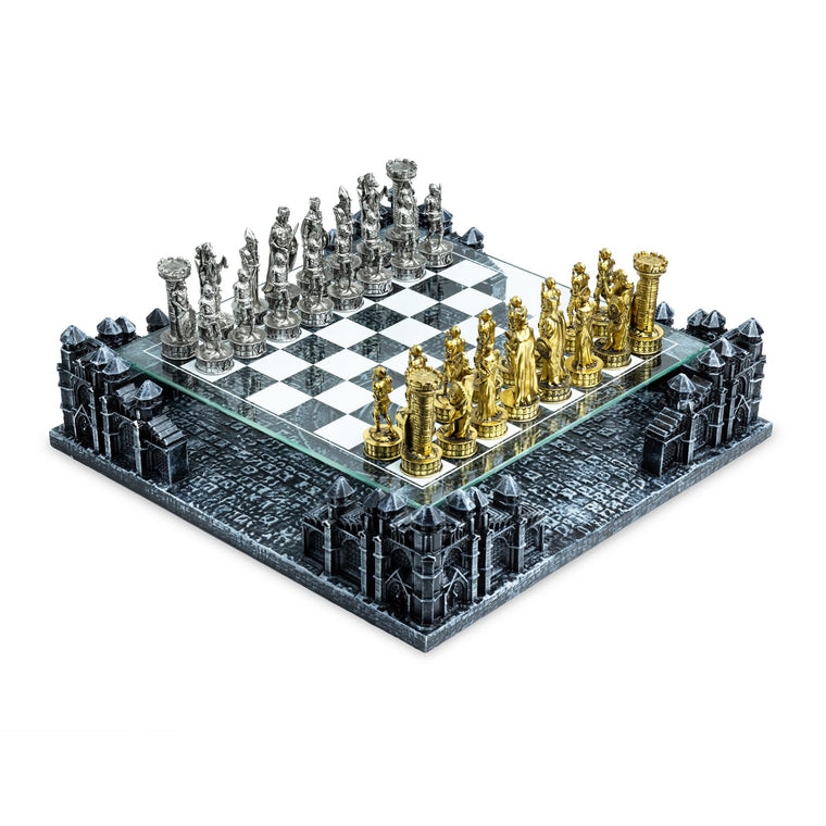 Renaissance Knight 3D Chess Set with Gold Silver Pieces and Glass Board
