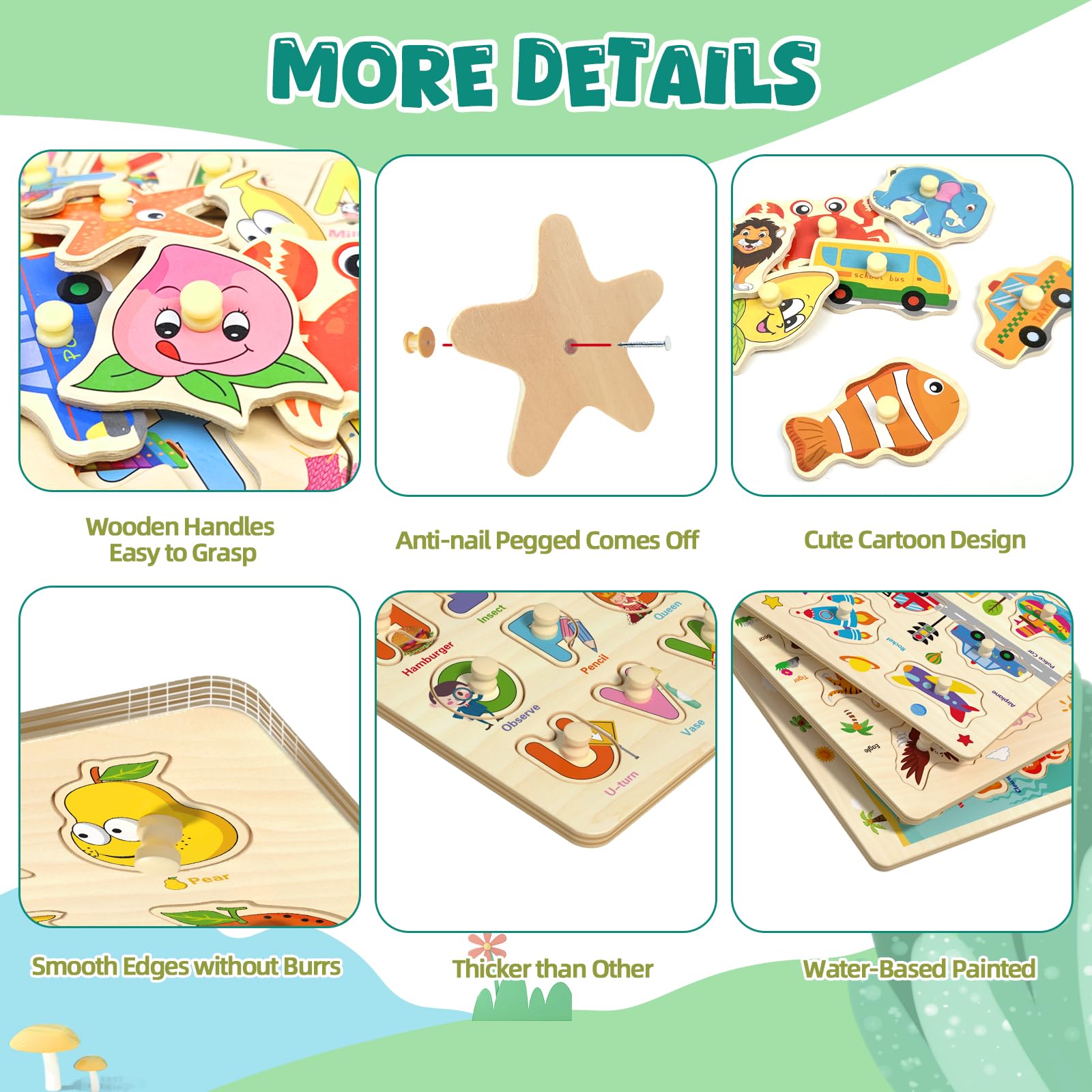 6 Pack Wooden Peg Puzzles for Alphabet Number Animal and Shape Learning