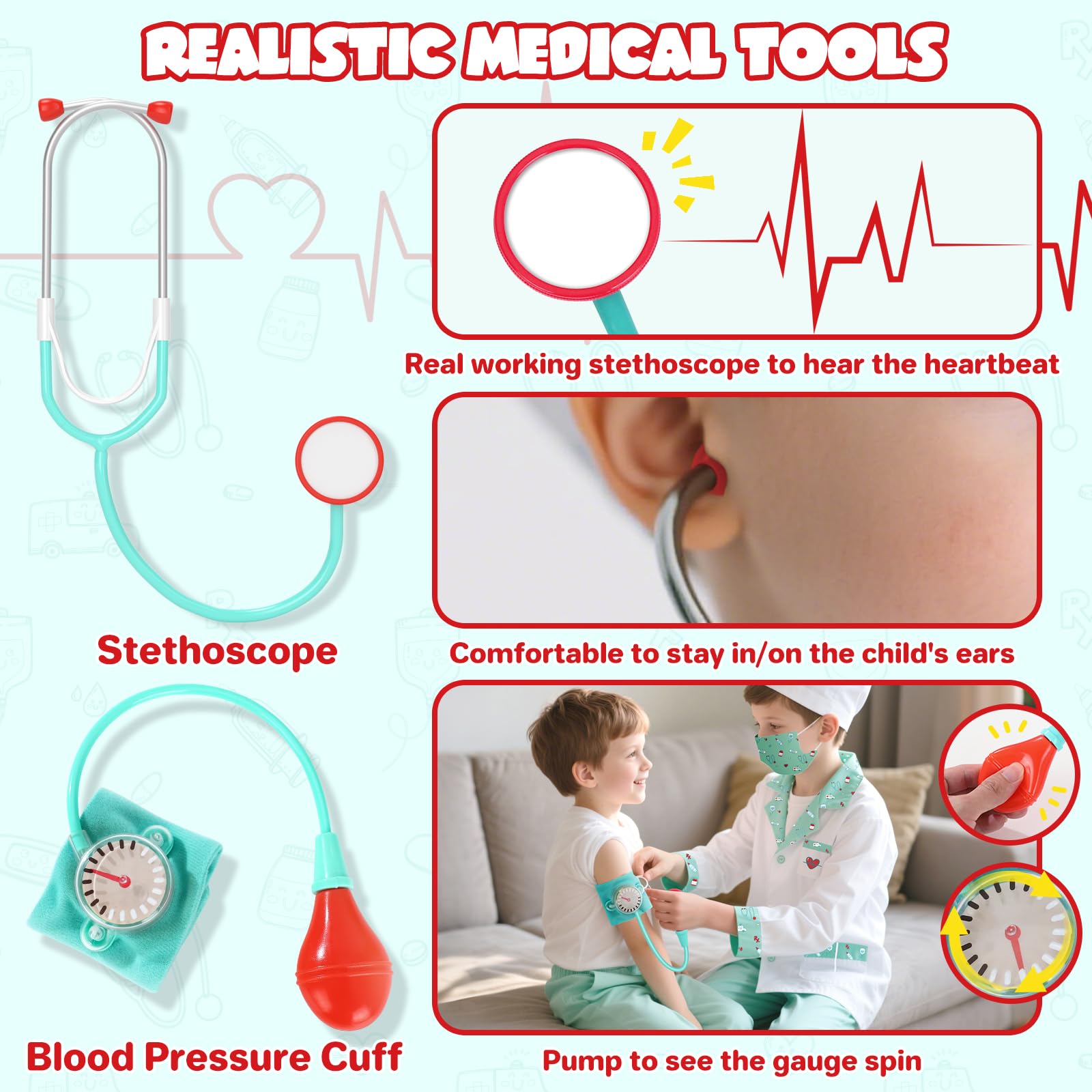 Kids Doctor Costume 8 Piece Dress Up Play Set with Stethoscope