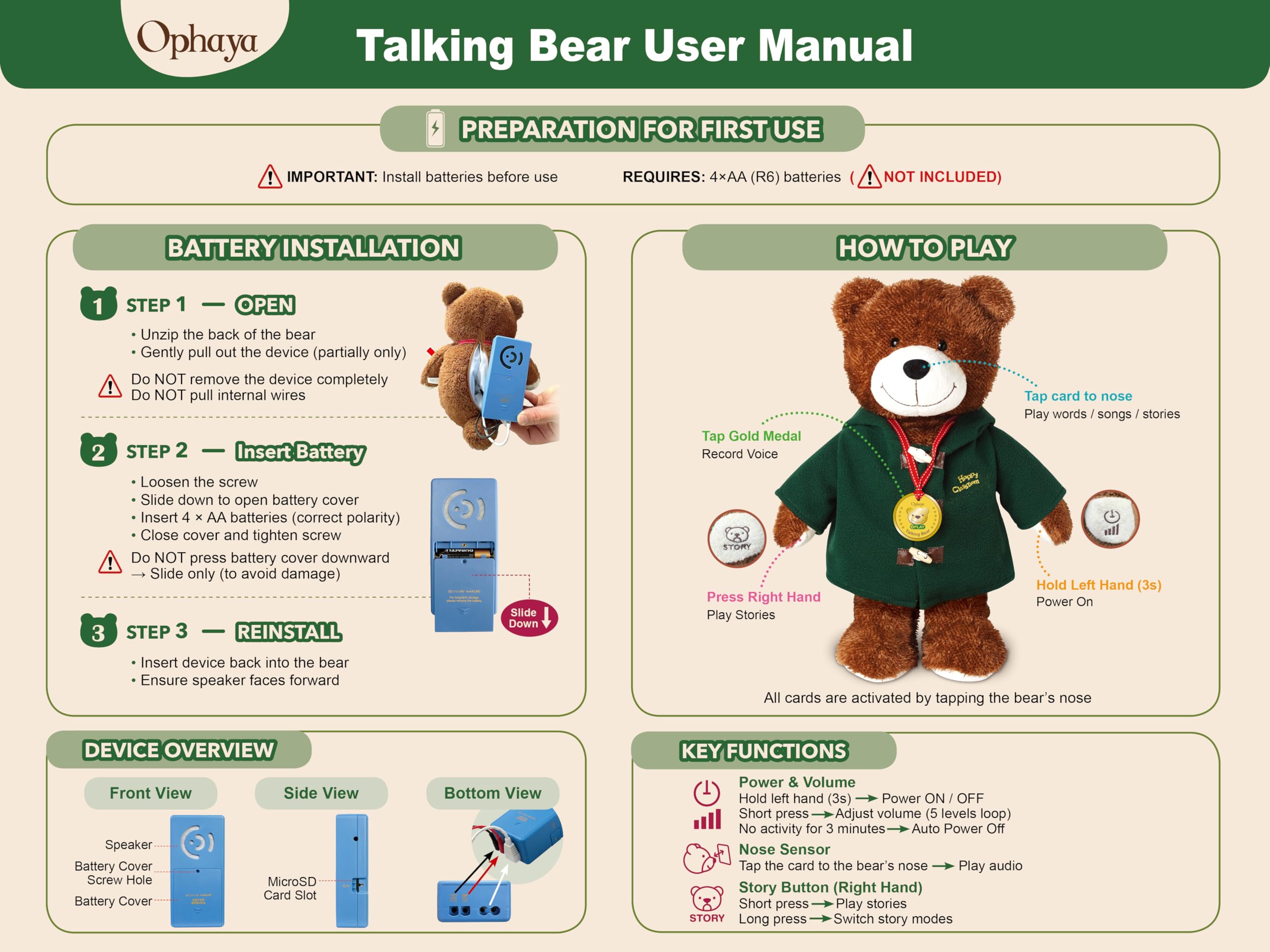 Talking Teddy Bear Plush 4 Language Word Learning Toy with Cards