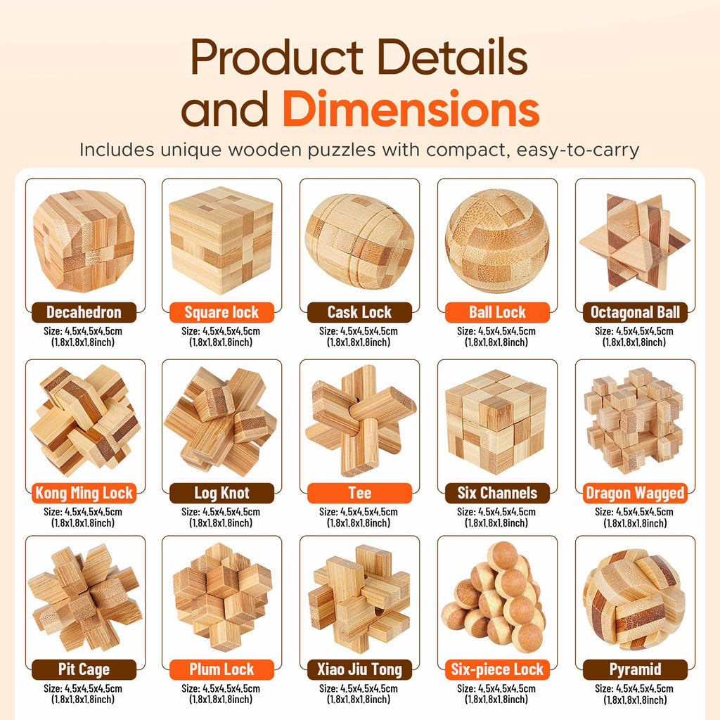 Wooden 3D Brain Teaser Logic Puzzle Set for Adults Teens and Kids