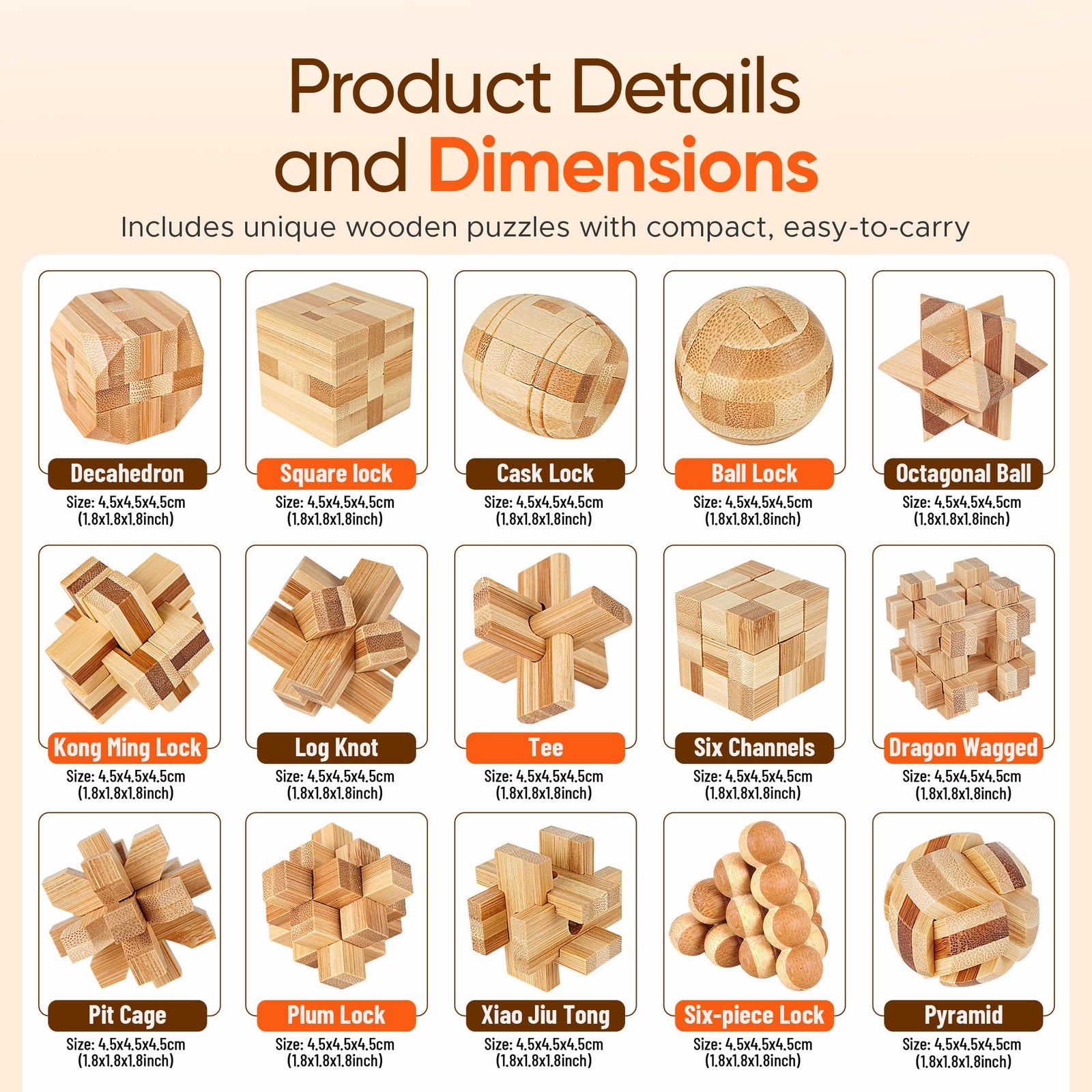 Wooden 3D Brain Teaser Logic Puzzle Set for Adults Teens and Kids