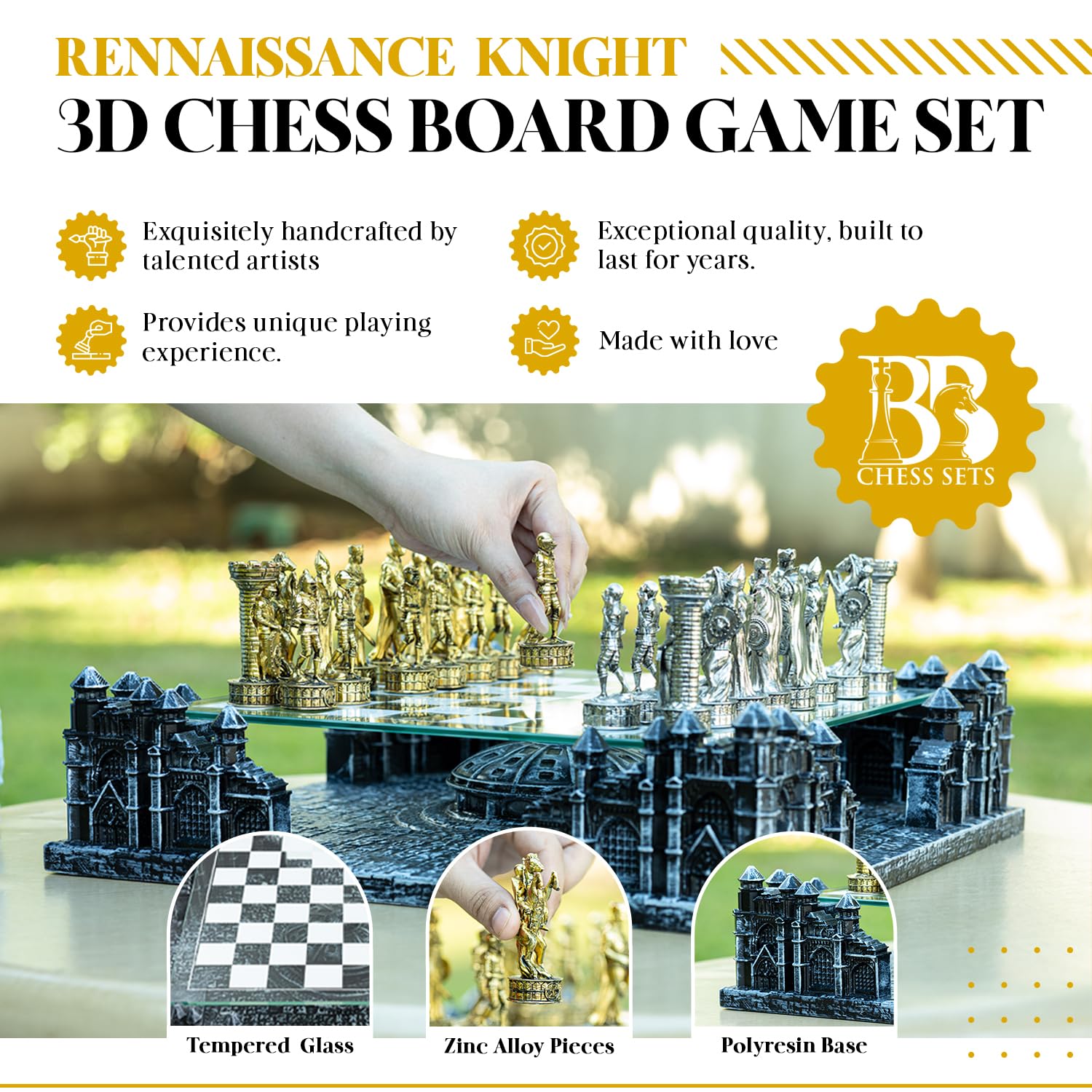 Renaissance Knight 3D Chess Set with Gold Silver Pieces and Glass Board