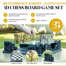 Renaissance Knight 3D Chess Set with Gold Silver Pieces and Glass Board