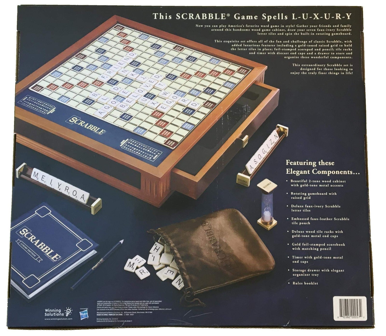 Deluxe Word Tile Game with Rotating Wooden Cabinet Storage and Ivory Tiles