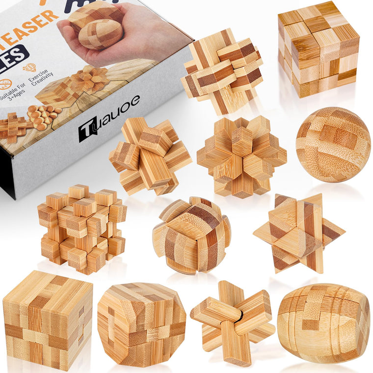 Wooden 3D Brain Teaser Logic Puzzle Set for Adults Teens and Kids
