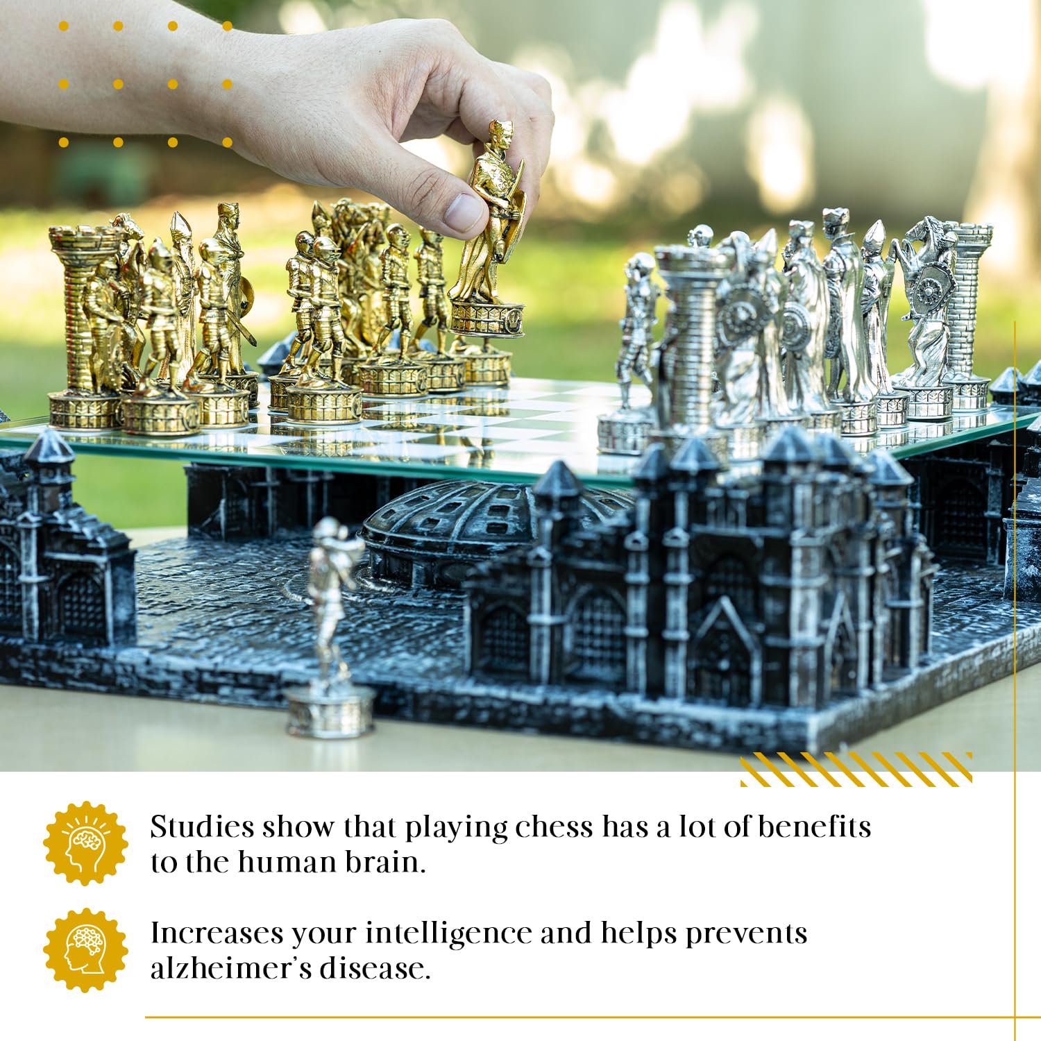 Renaissance Knight 3D Chess Set with Gold Silver Pieces and Glass Board