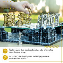 Renaissance Knight 3D Chess Set with Gold Silver Pieces and Glass Board