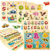 6 Pack Wooden Peg Puzzles for Alphabet Number Animal and Shape Learning