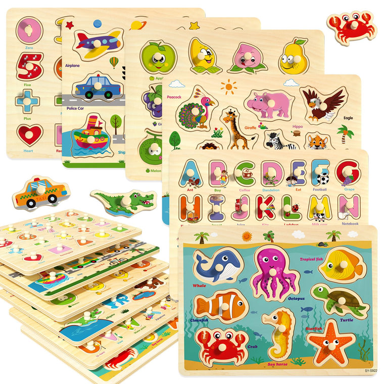 6 Pack Wooden Peg Puzzles for Alphabet Number Animal and Shape Learning