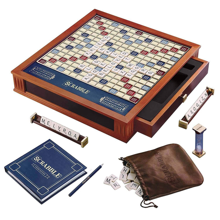 Deluxe Word Tile Game with Rotating Wooden Cabinet Storage and Ivory Tiles