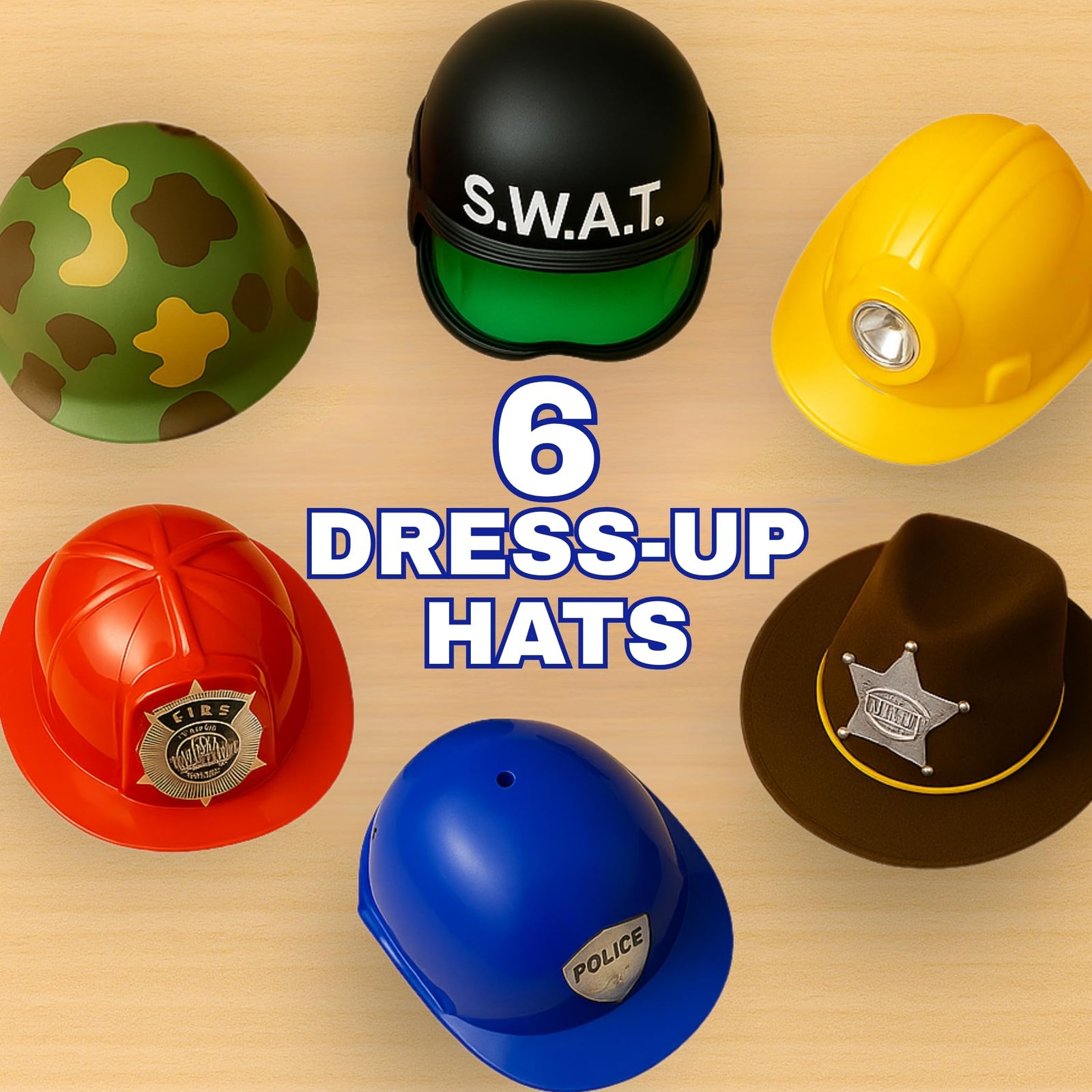 Kids Career Role Play Hats and Helmets 6 Pack Dress Up Set