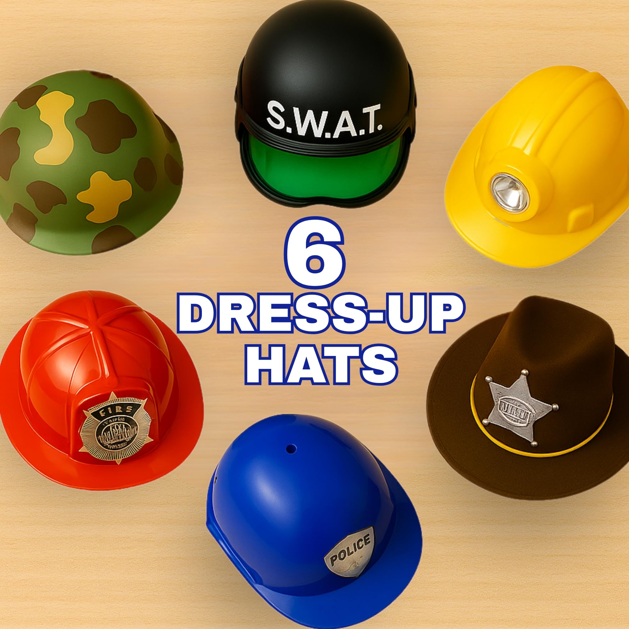 Kids Career Role Play Hats and Helmets 6 Pack Dress Up Set