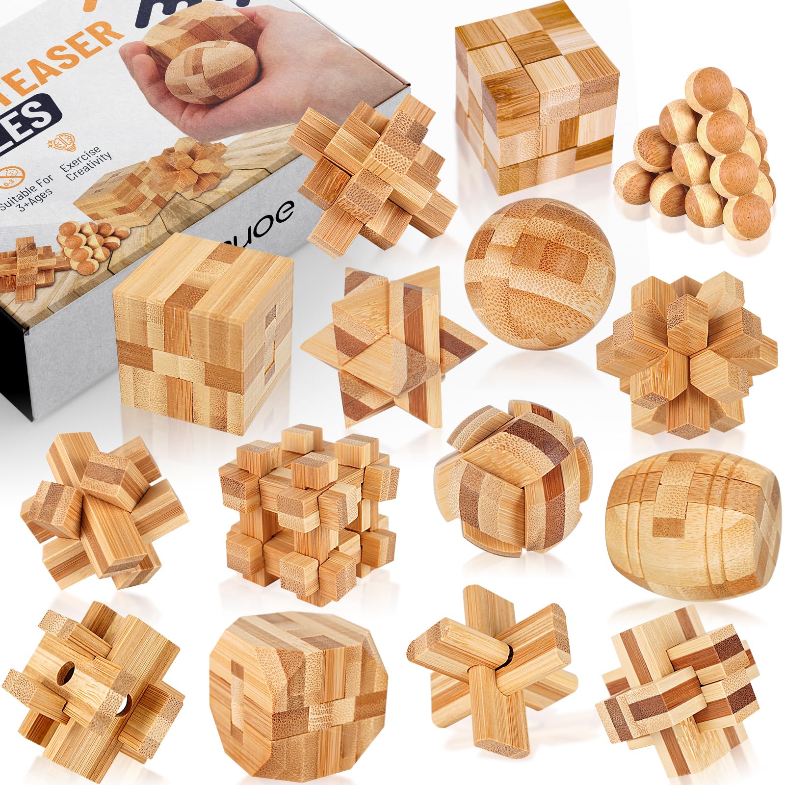Wooden 3D Brain Teaser Logic Puzzle Set for Adults Teens and Kids