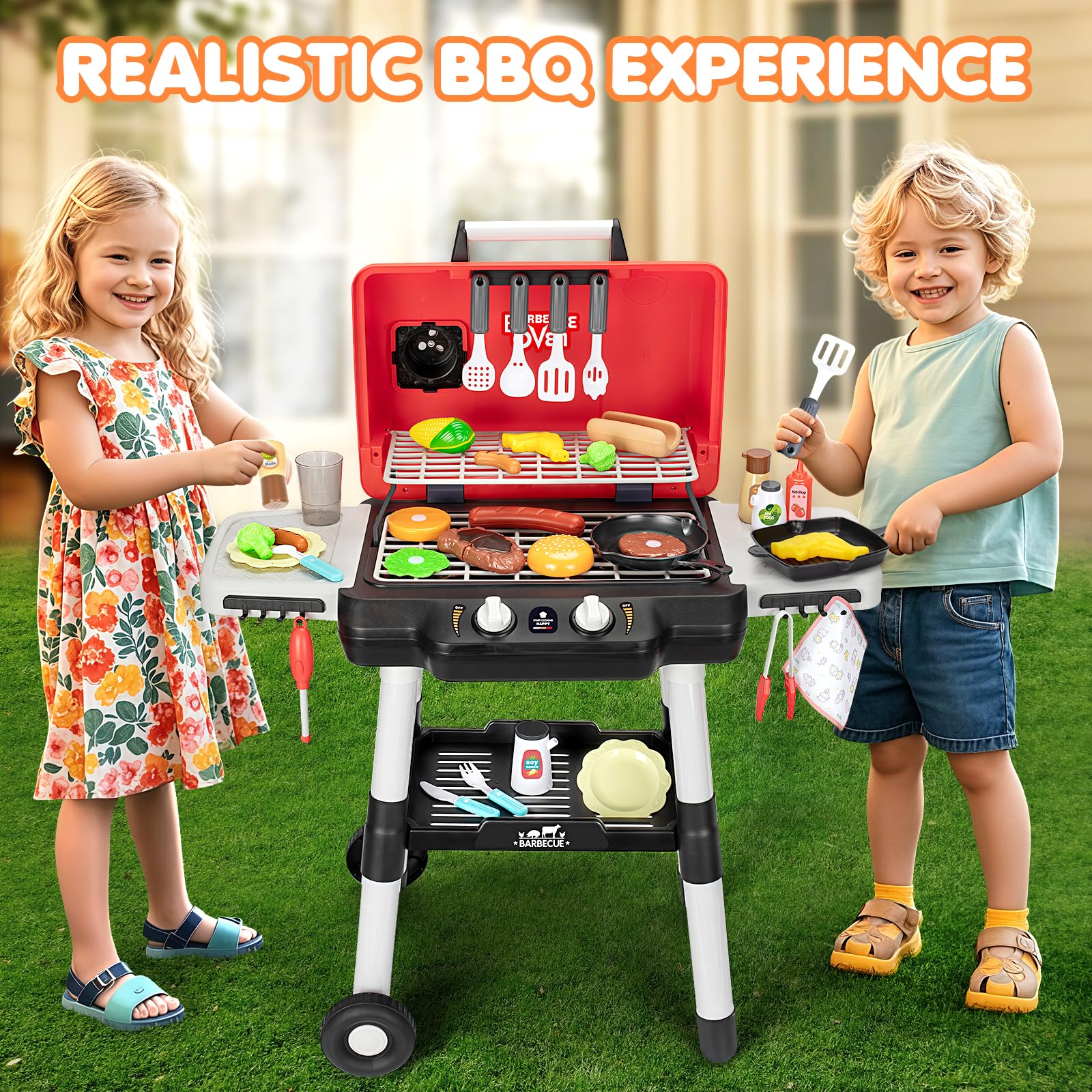 Kids BBQ Grill Playset with Smoke Sound and Light Pretend Cooking Set