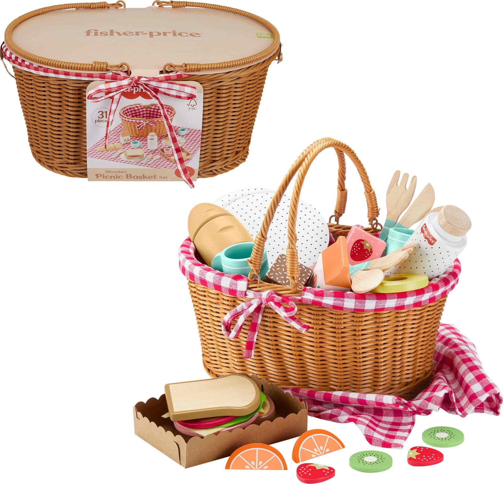 Wooden Pretend Play Picnic Basket with 31 Piece Food Set for Kids