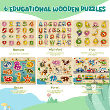 6 Pack Wooden Peg Puzzles for Alphabet Number Animal and Shape Learning