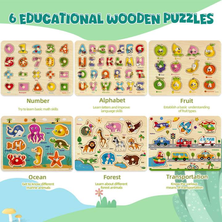 6 Pack Wooden Peg Puzzles for Alphabet Number Animal and Shape Learning