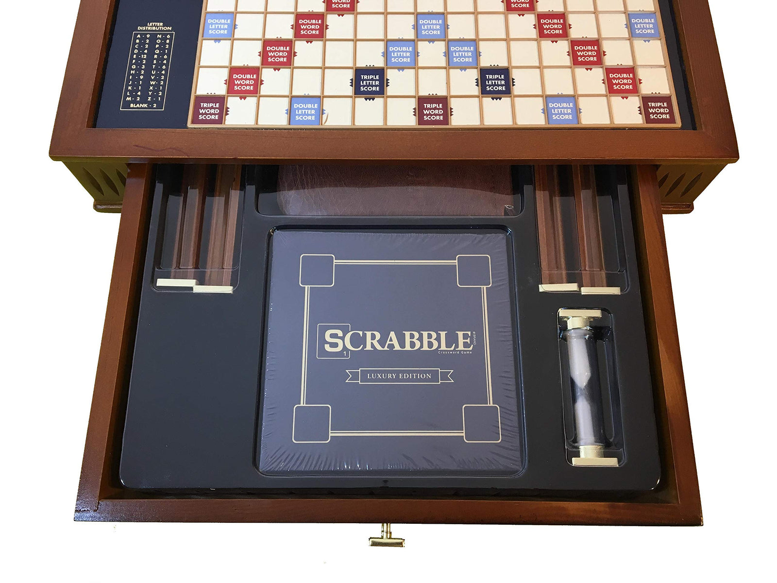 Deluxe Word Tile Game with Rotating Wooden Cabinet Storage and Ivory Tiles