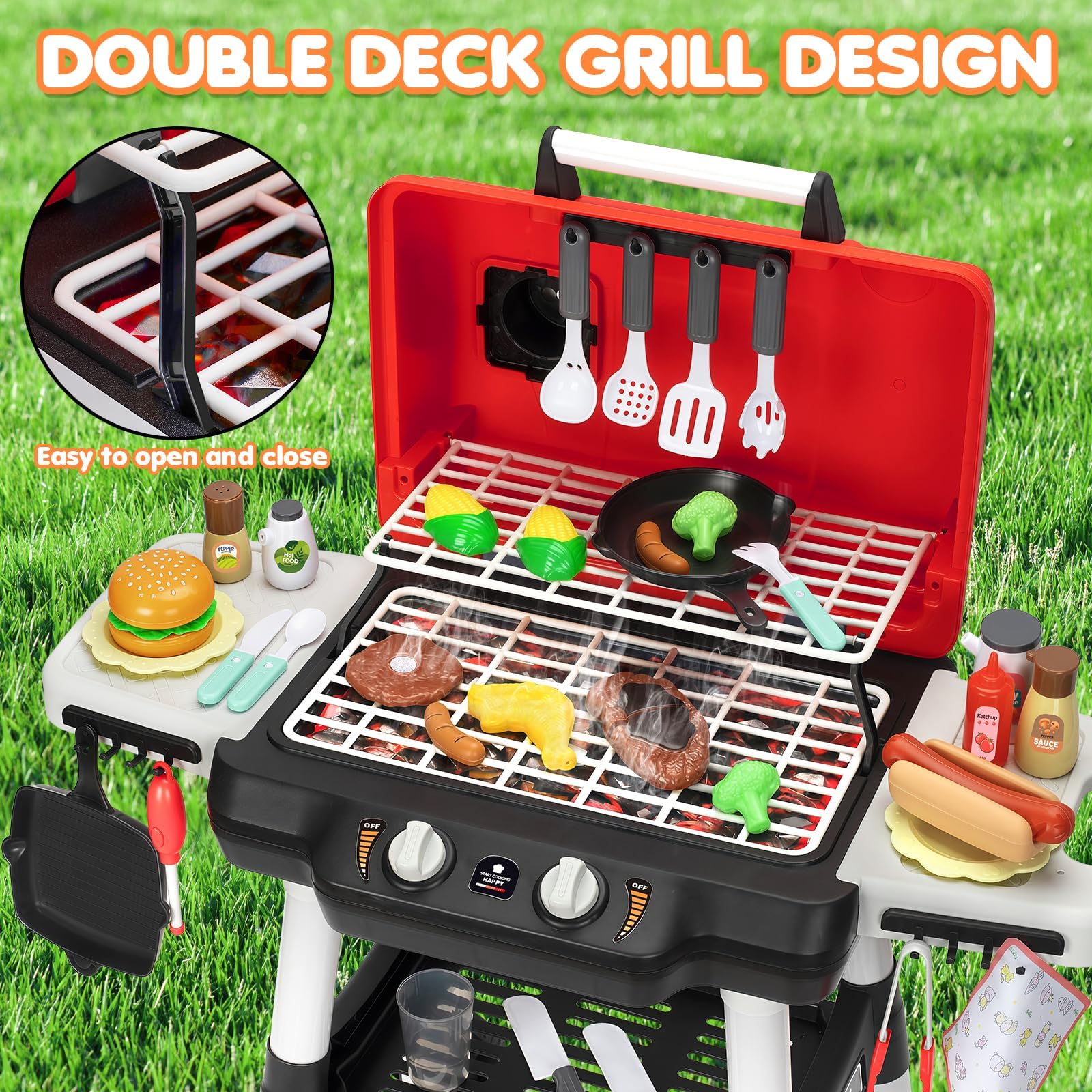 Kids BBQ Grill Playset with Smoke Sound and Light Pretend Cooking Set