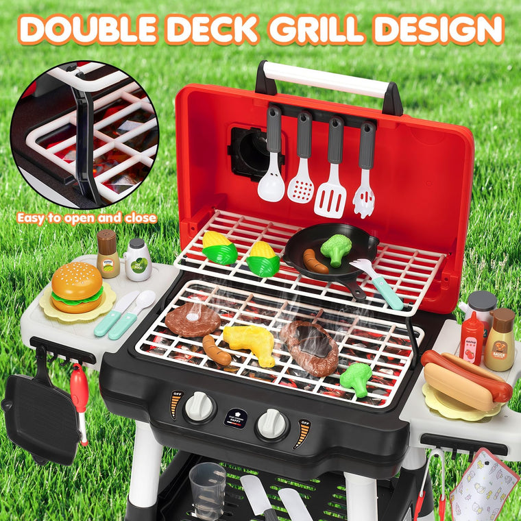 Kids BBQ Grill Playset with Smoke Sound and Light Pretend Cooking Set