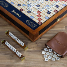 Deluxe Word Tile Game with Rotating Wooden Cabinet Storage and Ivory Tiles