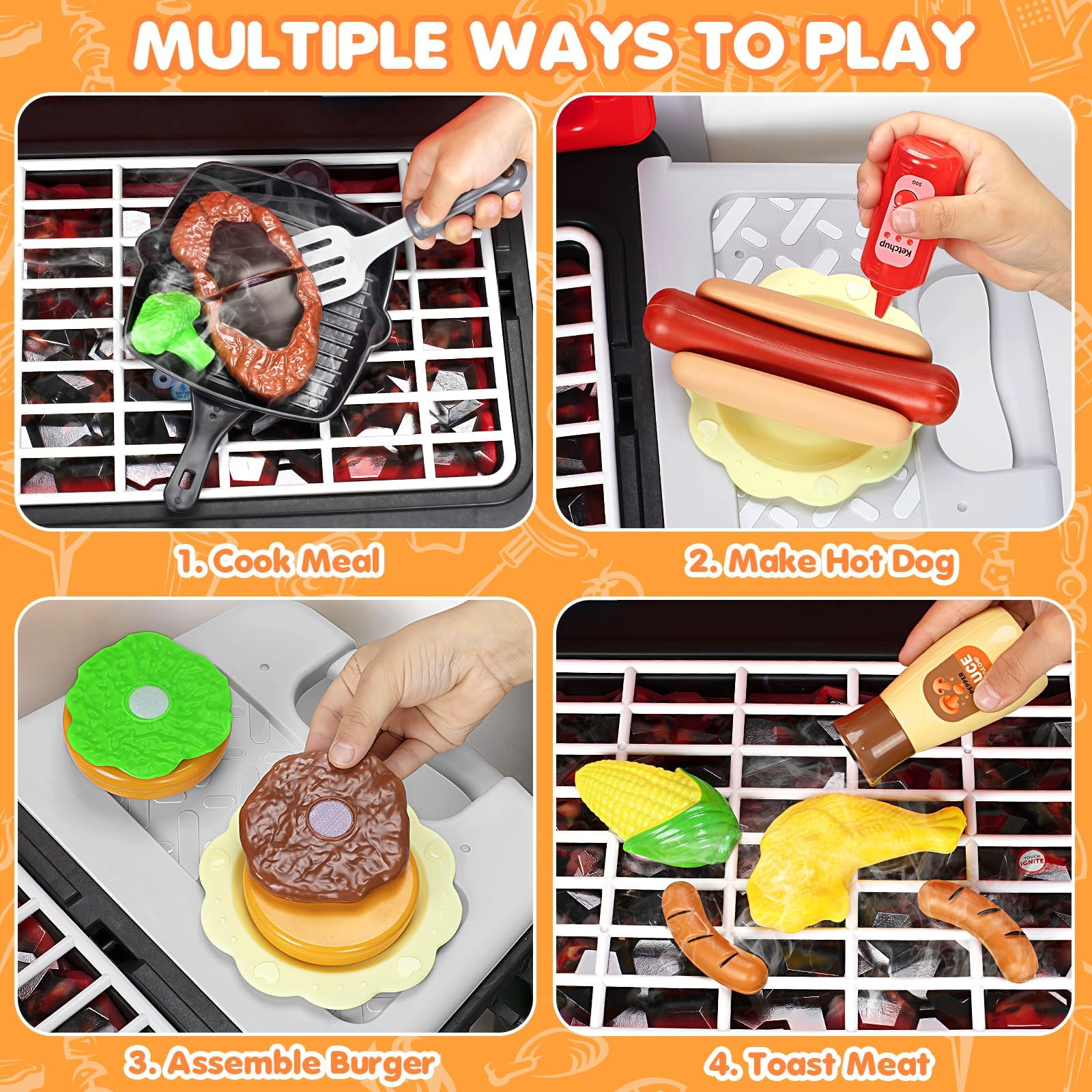 Kids BBQ Grill Playset with Smoke Sound and Light Pretend Cooking Set