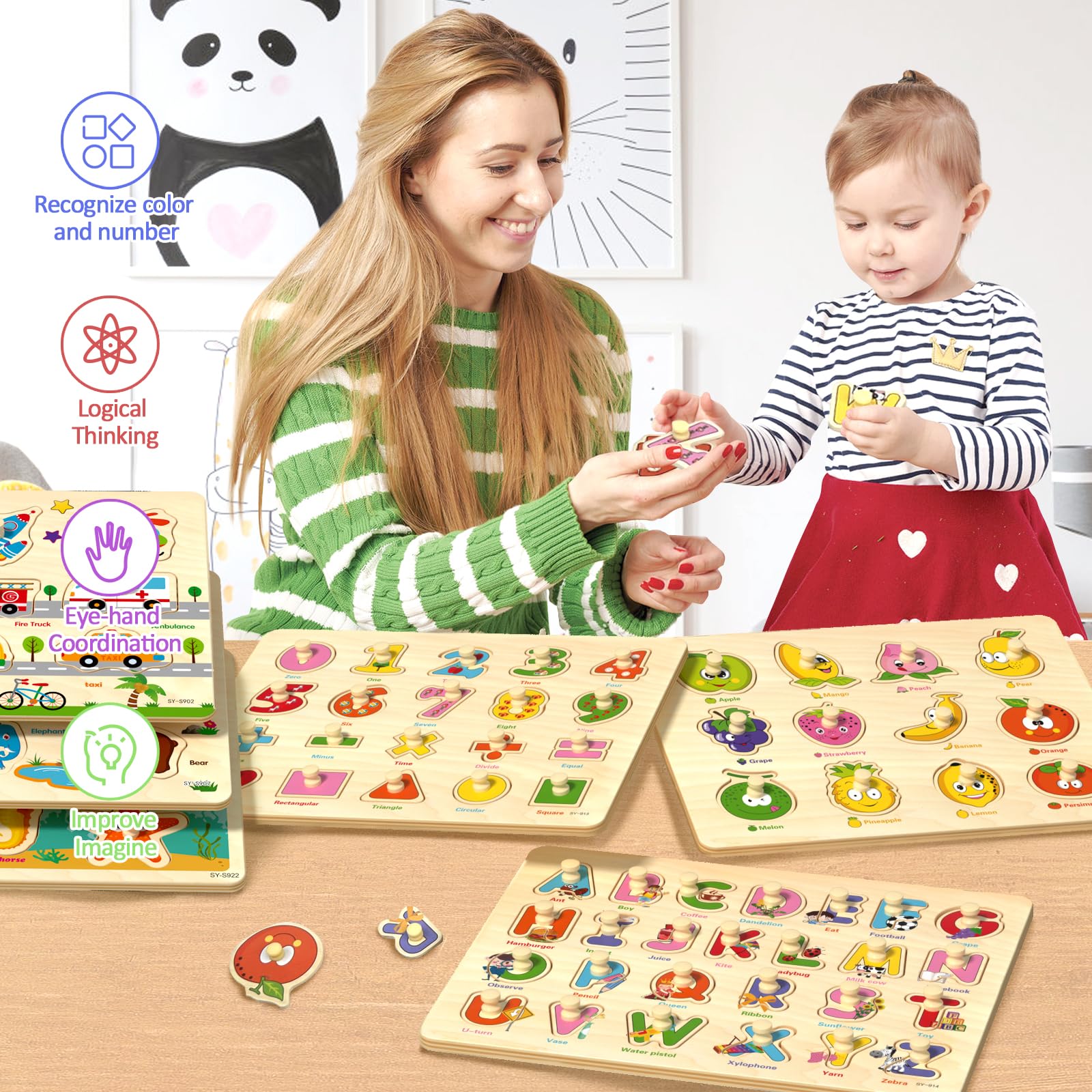 6 Pack Wooden Peg Puzzles for Alphabet Number Animal and Shape Learning