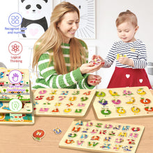 6 Pack Wooden Peg Puzzles for Alphabet Number Animal and Shape Learning
